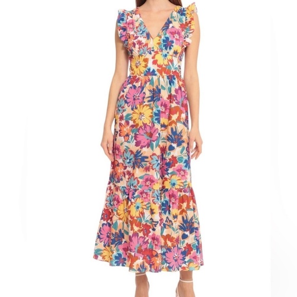 Maggy London | Floral Tiered Maxi Dress with Flatter Sleeves - Picture 1 of 7
